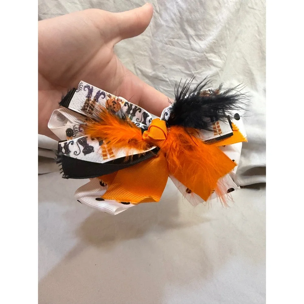 Halloween Boutique Hair Bow Orange Black White Pumpkin Feather Alligator Clip